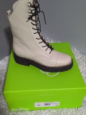 Sam Edelman Women's Cream Lace-Up Combat Boot with Chain Trim